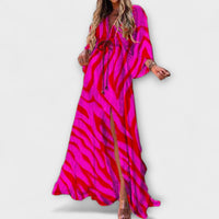 Aurina – Fließendes Maxikleid mit künstlerischem Print – Pink/Rot