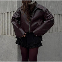 Olitareia | Damen Lederjacke mit Reverskragen und Reißverschluss – Braun