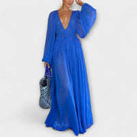 Elegantes Plissiertes Langarmkleid – Blau