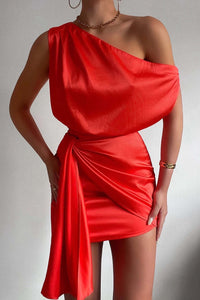 Damen Ein Schulter Mini Satin Kleid – Rot