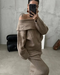 Rersahlha | Herbst-Winter Off-Shoulder Strickset für Damen – Camel