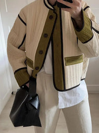 Oliphereia | Baumwoll Steppmantel Damen mit Knopfleiste und Patchwork – Khaki-Grün