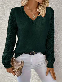Kendra - Lässiger V-Ausschnitt Strickpullover – Dunkelgrün