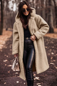 Reienna | Damen Langer Wollmantel mit Kapuze für den Winter – Aprikose