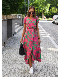 Eva | Stilvolles V-Ausschnitt-Kleid – Rosa und Grün