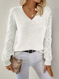 Kendra - Lässiger V-Ausschnitt Strickpullover – Weiß