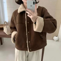 Klezurith | Kurzjacke für Damen, modisch und schick, langarm, dick und warm – Braun