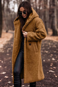 Reienna | Damen Langer Wollmantel mit Kapuze für den Winter – Gelb braun
