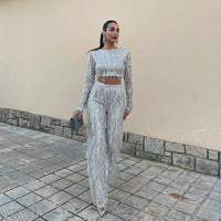 Heidi-Mode | Quaste Pailletten Frauen 2 Teilig Set Herbst Silber Licht Seide O-Ausschnitt Crop Tops Breite Bein Hosen Damen Anzug Mode Straße Damen Set – Silber