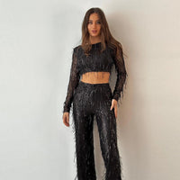 Heidi-Mode | Quaste Pailletten Frauen 2 Teilig Set Herbst Silber Licht Seide O-Ausschnitt Crop Tops Breite Bein Hosen Damen Anzug Mode Straße Damen Set – schwarz