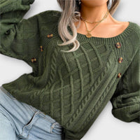 Eleganter Zopfmuster-Pullover – Mit Knopfdetails – Grün