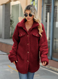 Pavelaya | Damen Winterjacke warm mit Revers, langarm und Knopfleiste locker – Burgunderrot