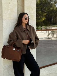 Klesonith | Modische braune Wolljacke mit Reißverschluss für Damen – Khaki