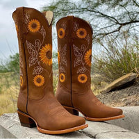 Sophie | Damen Bestickte Wadenhoher Cowboy Stiefel – Braun