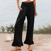 Hose Alva™ aus Leinen-Baumwoll-Mix mit hohem Smokbund und Volantsaum – Schwarz
