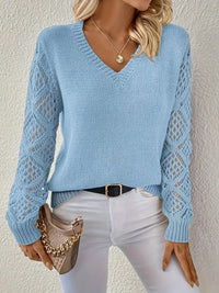 Kendra - Lässiger V-Ausschnitt Strickpullover – Himmelblau