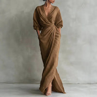 Susan | Damen Wickel V-Ausschnitt Maxikleid – Braun