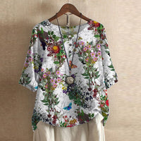 Damen Vintage Bedruckt Kurzarm Bluse – Weiße Blumen