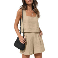 Cassie Sommerlicher Zweiteiler | Modernes ärmelloses Oberteil weite Shorts Sommer Set – Hell-Khaki