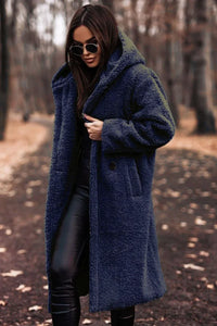 Reienna | Damen Langer Wollmantel mit Kapuze für den Winter – Dunkelblau