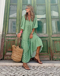 Maila | Bohemian Maxikleid – Grün/Weiß