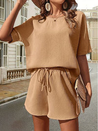 Damen Sommer-Set aus Baumwolle | Luftiges Waffelpique mit Shorts – Khaki