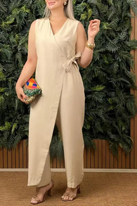 ELENA | Damen-Jumpsuit Einfarbig mit Weitem Bein – Beige