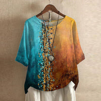 Damen Vintage Bedruckt Kurzarm Bluse – Blau Orange