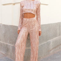 Heidi-Mode | Quaste Pailletten Frauen 2 Teilig Set Herbst Silber Licht Seide O-Ausschnitt Crop Tops Breite Bein Hosen Damen Anzug Mode Straße Damen Set – rosa
