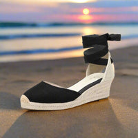 Tônivis Espadrilles Plateau | Bequeme Damen Keilabsatz Schnür-Sandalen für den Sommer 2024 – Schwarz