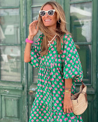 Maila | Bohemian Maxikleid – Grün/Rosa