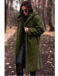 Reienna | Damen Langer Wollmantel mit Kapuze für den Winter – Oliv