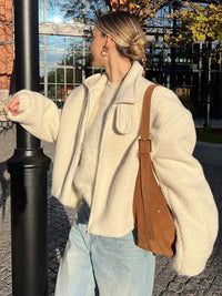Eimlei | Modische Wolljacke Damen mit Reißverschluss – Weiß