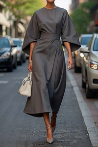 Sonia - Elegantes Kleid mit Lanternenärmeln und Gürtel – Grau