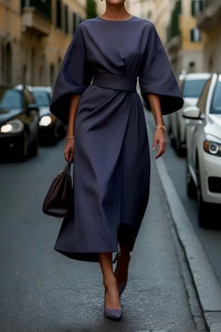 Sonia - Elegantes Kleid mit Lanternenärmeln und Gürtel – Marine