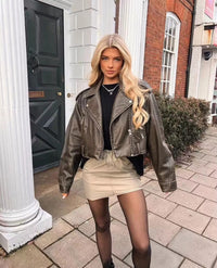 Olionaveia | Damen PU Motorradjacke mit Reißverschluss und Gürtel – Schwarz