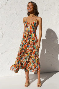 Isla | Midi Dress with Sunset Brushstroke Design – Orange