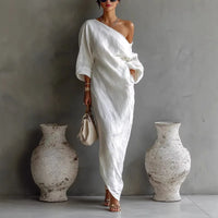 Joëlle | Damen Leinen Sommerkleid Mit One-Shoulder Design – Weiß