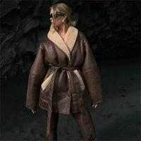 Asvotra | Herbst Winter Zweifarbige Leder- und Fell-Windjacke für Damen – Dunkel braun