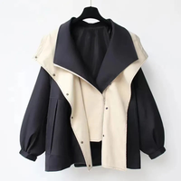 Karin | Damen Zweifarbige Knopfverschluss Kapuzenjacke – Schwarz
