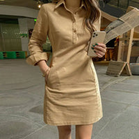 Sabine Casual Kleid | Trendiges Business-Kleid mit langen Ärmeln und Kragen für Damen – Khaki