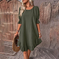 Arabella | Sommerkleid mit gerafften Ärmeln – Oliv