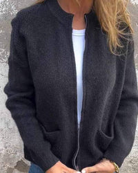 Strickjacke Damen - Langer Cardigan mit Reißverschluss und Fronttaschen, Lockere Passform für Alltag und Büro – Schwarz