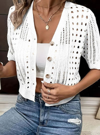 Strickjacke Damen Kurzarm Häkel-Cardigan mit V-Ausschnitt – Lässiger Cardigan für Sommerlooks – Weiß