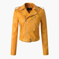 Stylische Damen Bikerjacke mit Reverskragen und Reißverschlusstaschen – Gelb