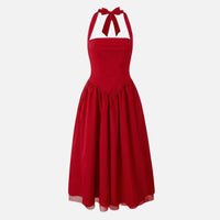 Ursula | Damen Tailliertes Midi-Schwingkleid Neckholder – Fit & Flare Midi – Rot