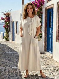Elowyn | Damen Maxikleid Rundhals Taschen Elegant – Beige