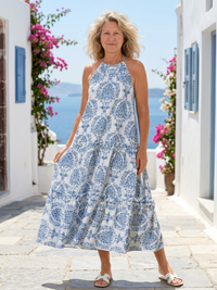 Isadora | Damen Stufenkleid Ärmellos Stehkragen Sommer – Geblümt