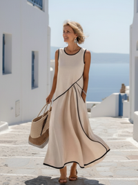 Soleia | Damen Maxikleid Drapiert Rundhals Fließend – Beige