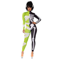 Damen Halloween-Jumpsuit mit Skelett- und Mumienmotiv | Einteiler mit Langarm – Schwarz-Grün